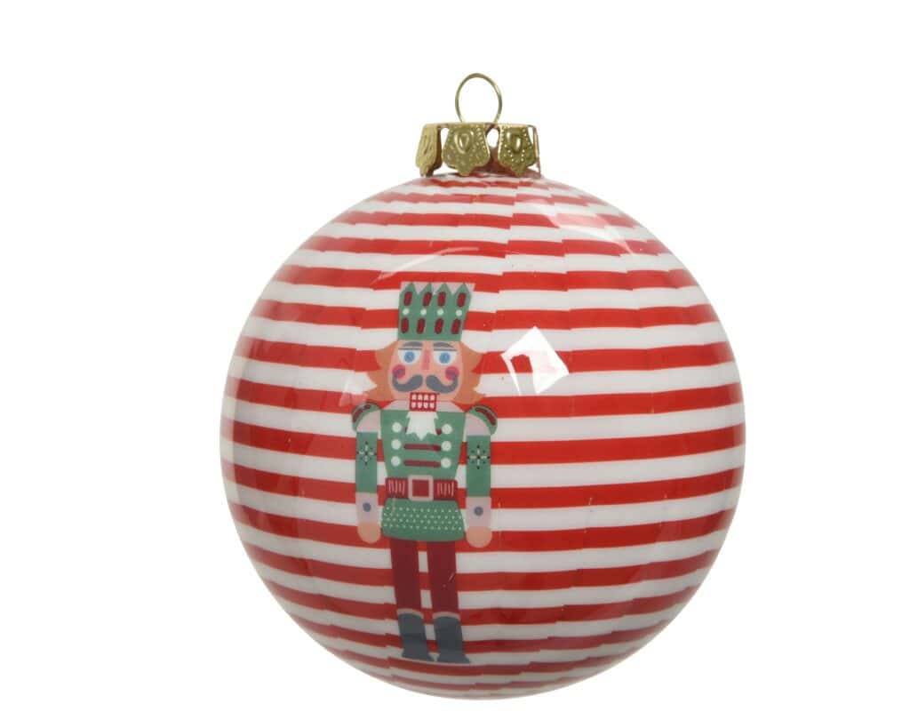 Red and white striped Christmas bauble with nutcracker image on
