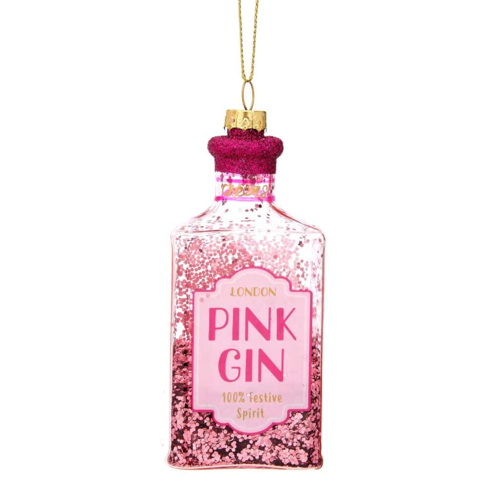 Christmas bauble shaped like a bottle of pink gin