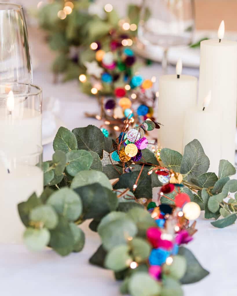 Colourful Christma lights in eucalyptus