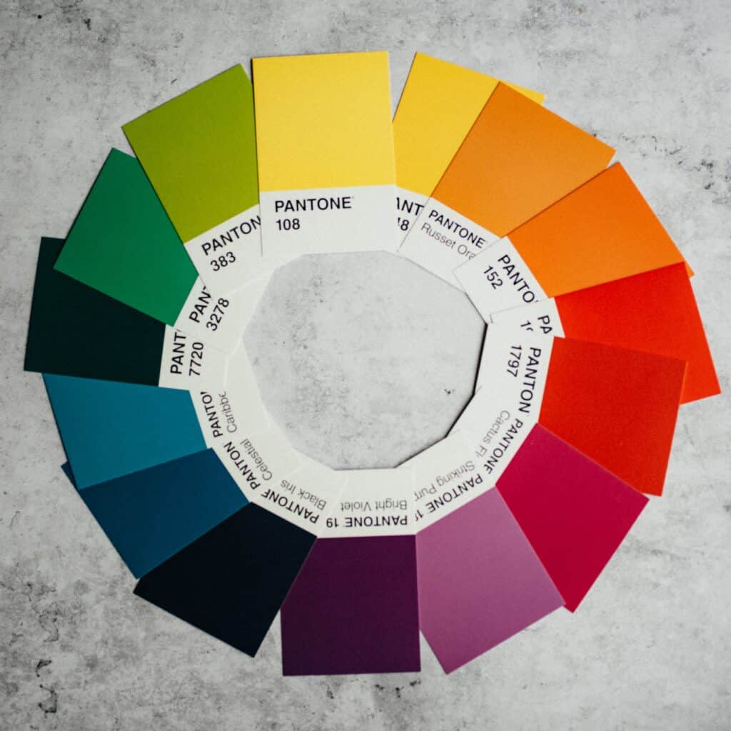 A set of panton colours laid out in a circular fan