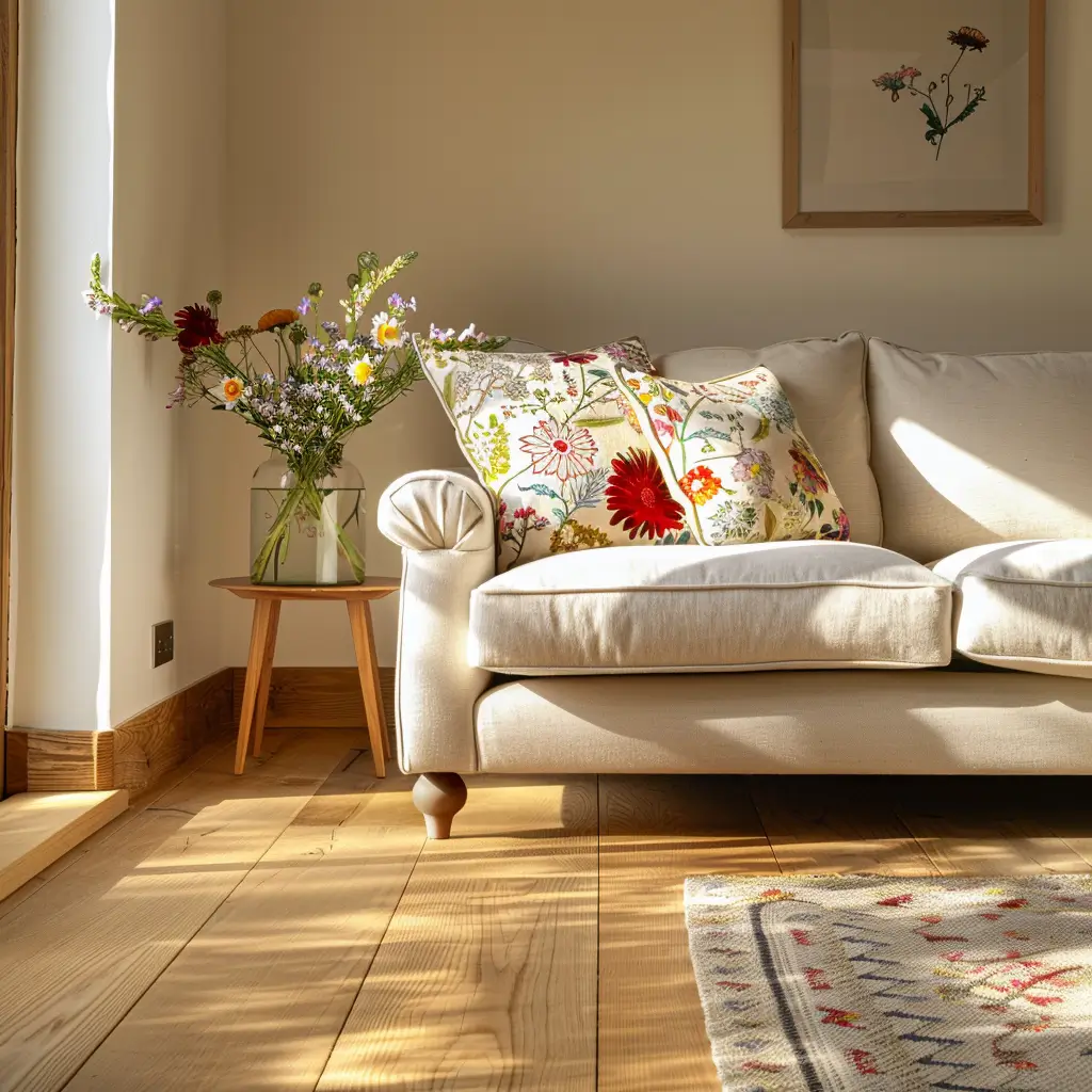 Living room with floral pillows and decor, showcasing ideas for updating home decor for spring