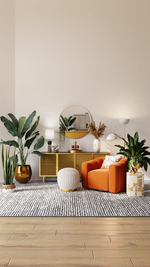 Orange armchair, cream stool, plants and a sideboard in a modern sitting room
