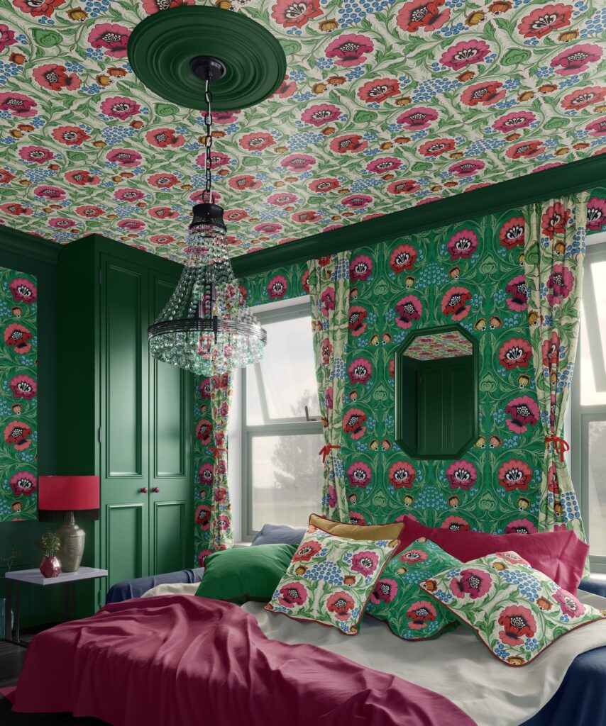 Bold papered ceiling in Alice Green from Olenka Design