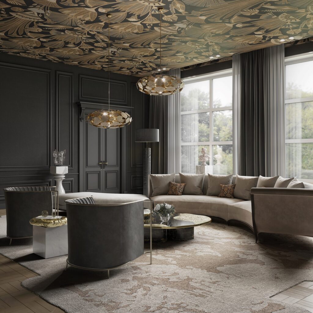 Covet House fully upholstered chairs with papered ceiling