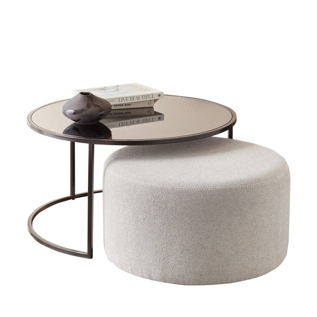 Danetti Round Coffee Table and Soft Touch Boucle Grey Pouffe