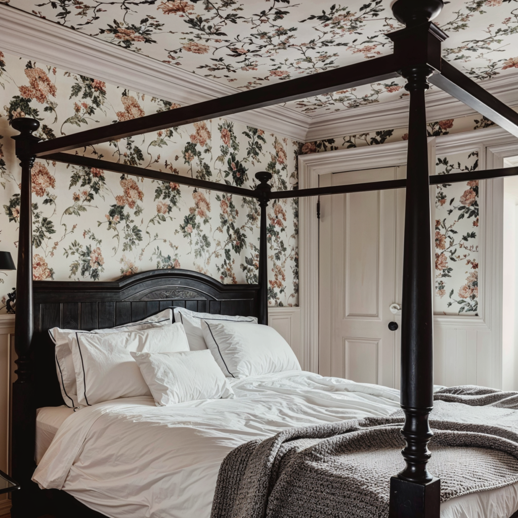 Walls and ceiling of bedroom all papered in same Feathr paper