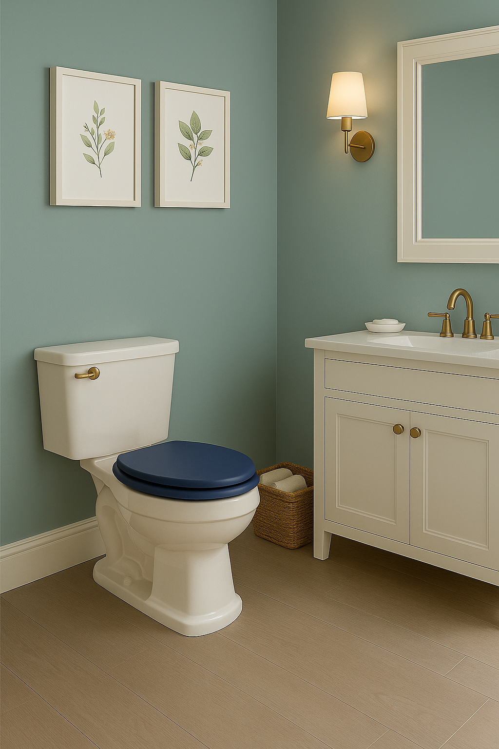 Green bathroom with framed floral prints, white toilet and white cabinet