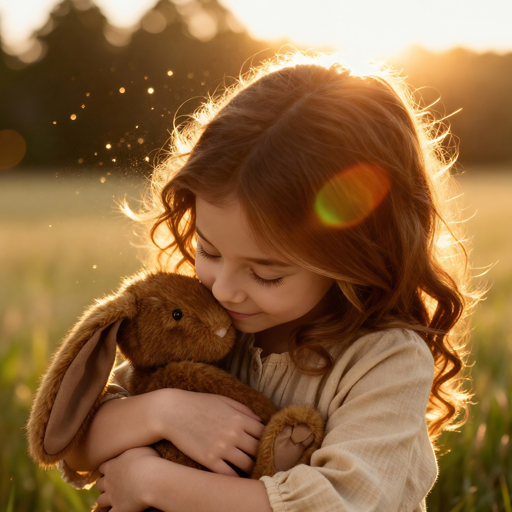 Child cuddling a brown toy bunny with sunlight behind her.